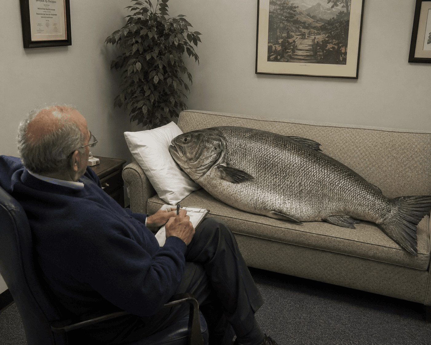 A large fish lies on a therapist's couch.
