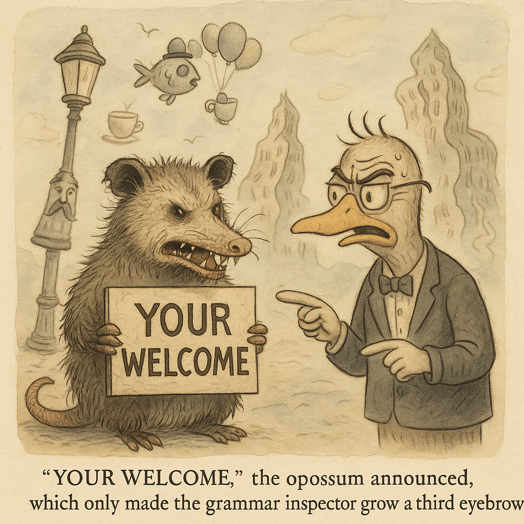 Opossum holds misspelled welcome sign, duck character looks annoyed.