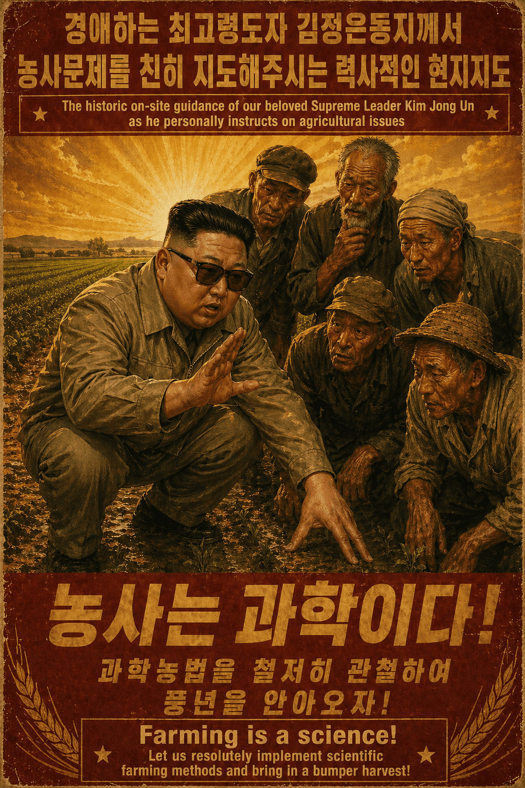 North Korean propaganda poster depicting agricultural guidance scene.